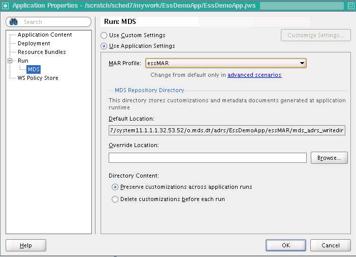 Setting Application Properties Run MDS MAR Profile