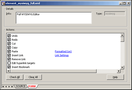 WYSIWYG Element dialog box