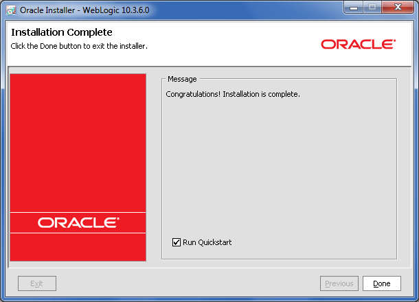 WebLogic Server Installer Installation Complete screen