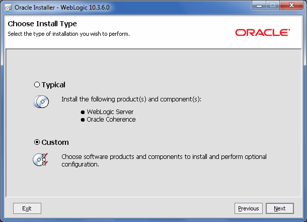 WebLogic Server Installer Choose Install Type screen