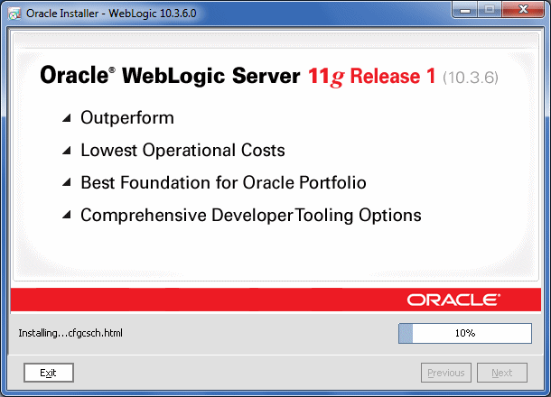 WebLogic Server Installer Status screen