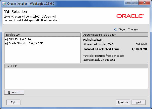 WebLogic Server Installer JDK Selection screen