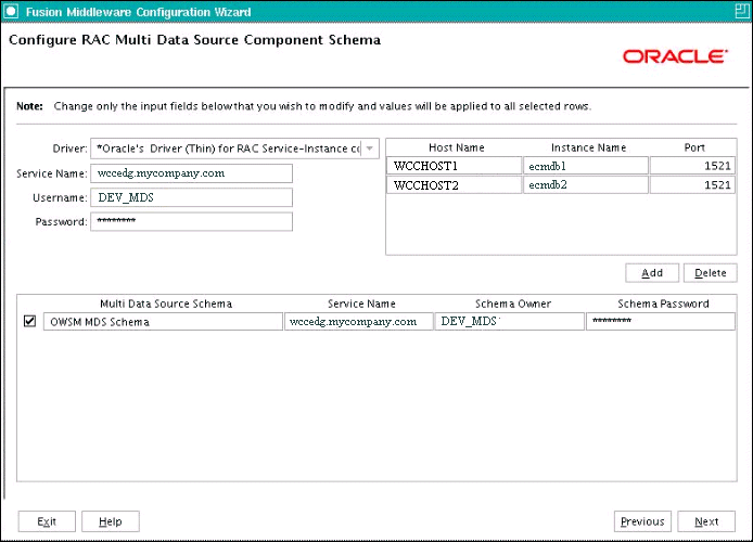 Configure RAC Multi Data Source Component Schema screen