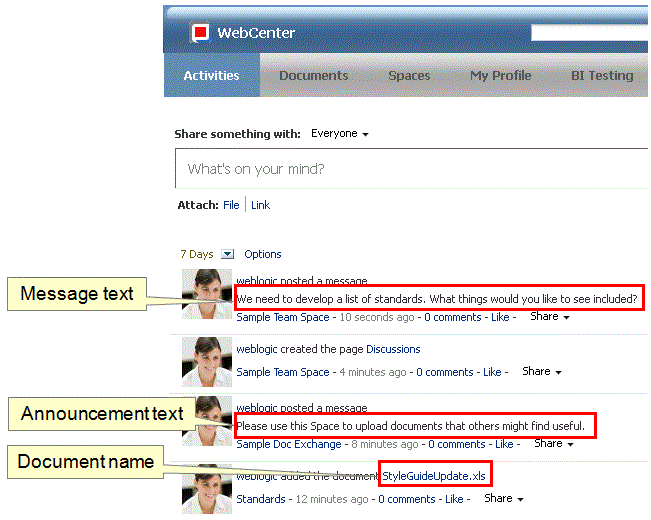 User content: message, announcement, document name