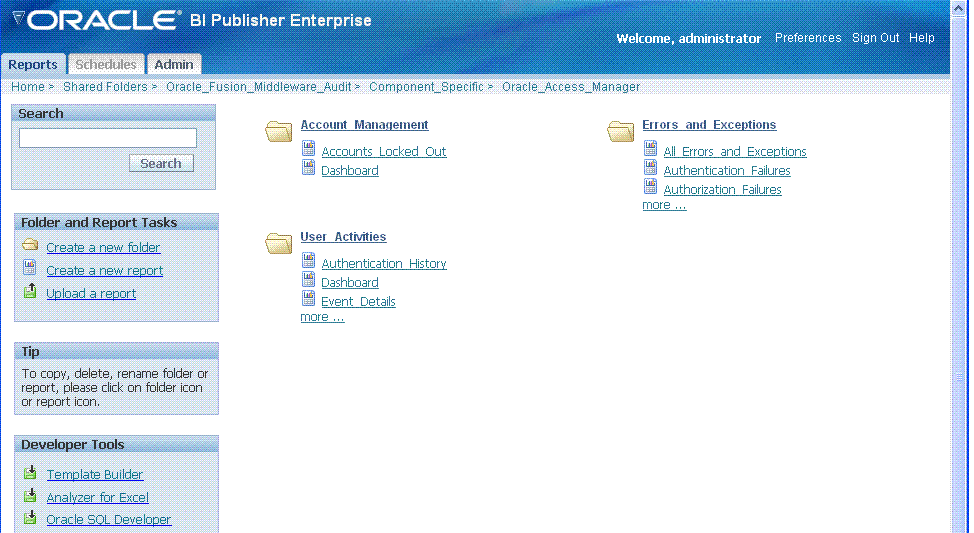 Oracle BI Publisher Reports Page