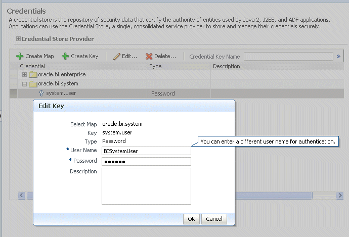 Entering BISystemUser credentials in the Edit Key dialog.