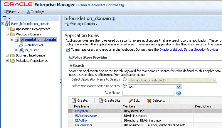 Application Roles page in Fusion Middleware Control.
