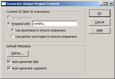 Generate Unique Region Content Dialog