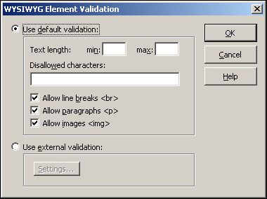 WYSIWYG Element Validation dialog box