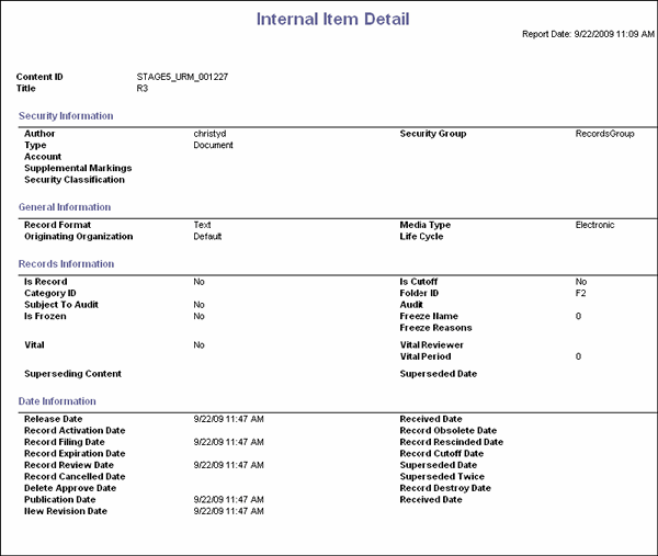 Surrounding text describes an internal item detail report.