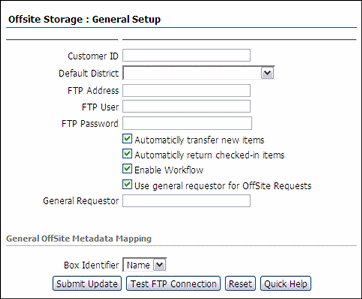 Surrounding text describes the Offiste Storage Setup Page.