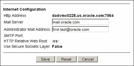 Admin Server Internet Configuration screen