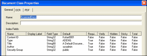 Document Class Properties for ScannedDocs screen