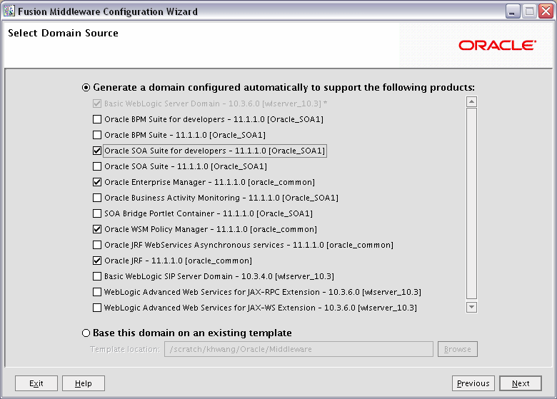 Configuration Wizard screen for Oracle SOA Suite for Developers.