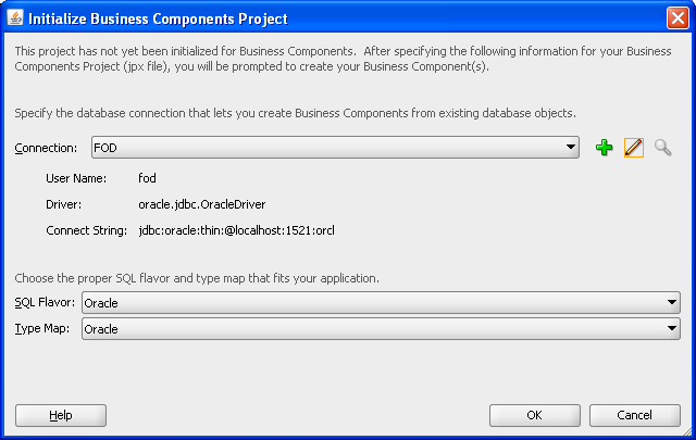 Initialize Business Components Project dialog