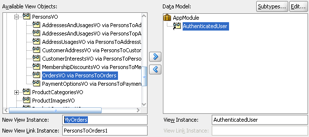 Data Model page of Create Application Module wizard.