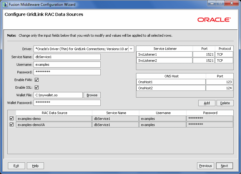 Configure GridLink RAC Data Sources screen
