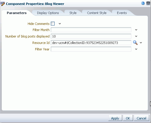 Components Properties Dialog of a Blog Task Flow