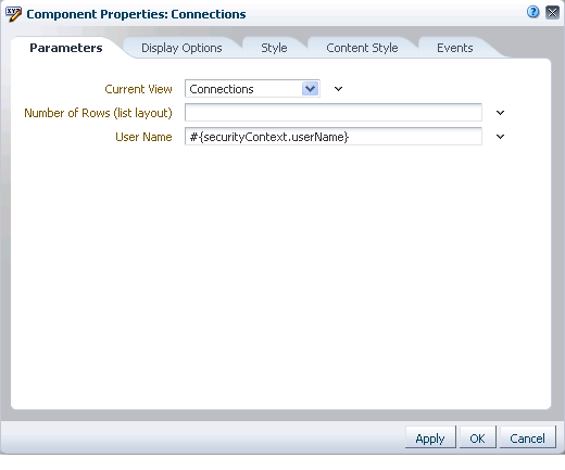 Connections task flow component properties
