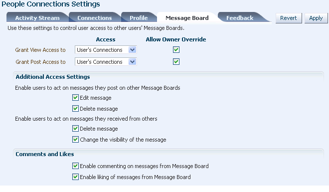 Configuration settings for Message Board