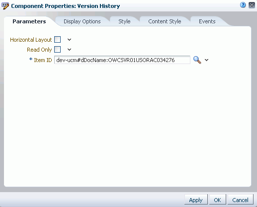 Version History Task Flow Component Properties