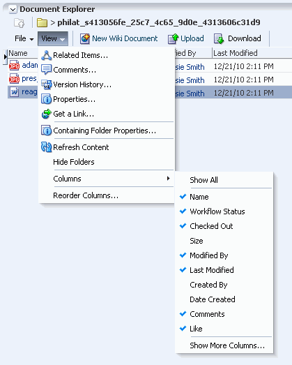 Document Manager task flow View menu