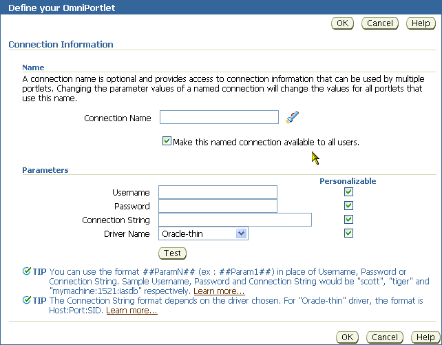 OmniPortlet Connection Information page