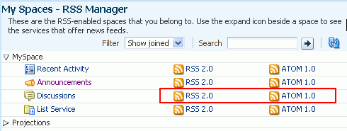 RSS and Atom icons next to a Discussions node