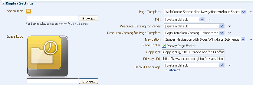 Display Settings section on General page (Space)