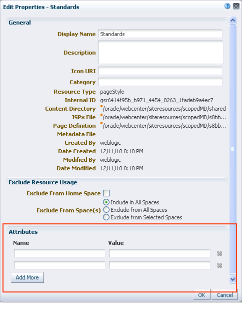 Attributes section of Edit Properties dialog