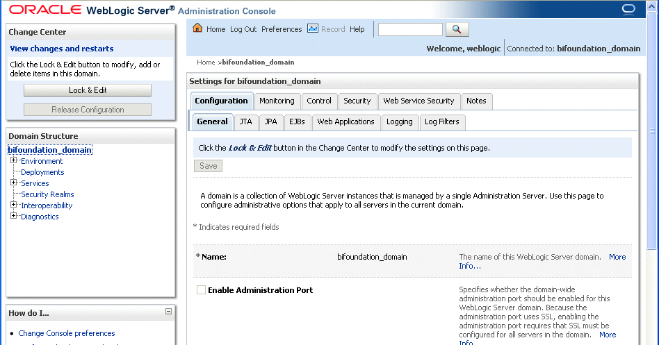 WebLogicサーバーのBIドメインのページ