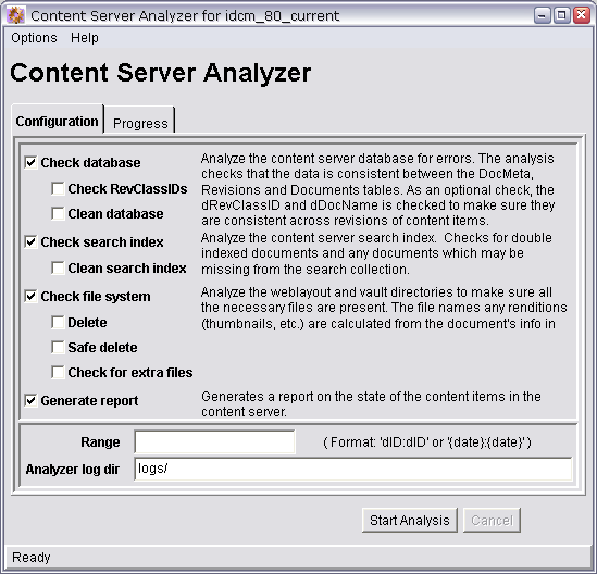 「Content Serverアナライザ」画面については周囲のテキストで説明しています。