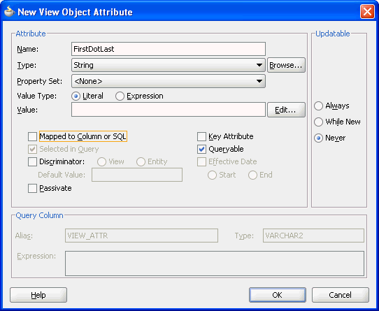 Image of New View Object Attribute dialog