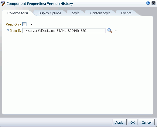 Version History Task Flow Component Properties