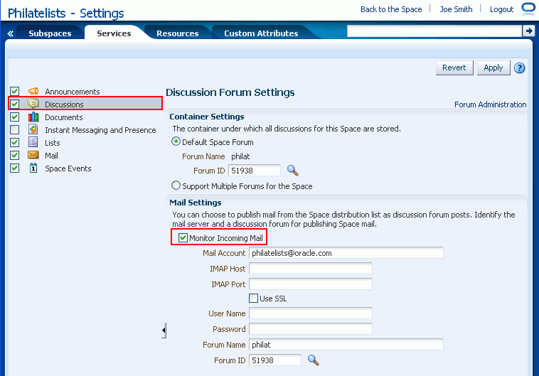 Space Discussion Forum Settings: Mail