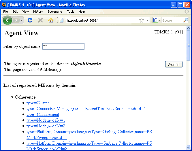 shows MBeans in HTML Adapter application