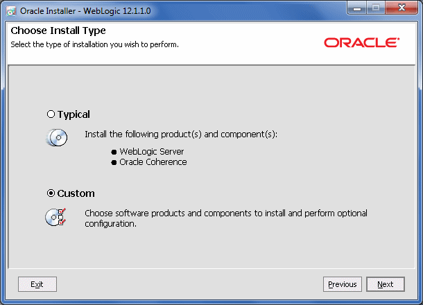 WebLogic Server Installer Choose Install Type screen