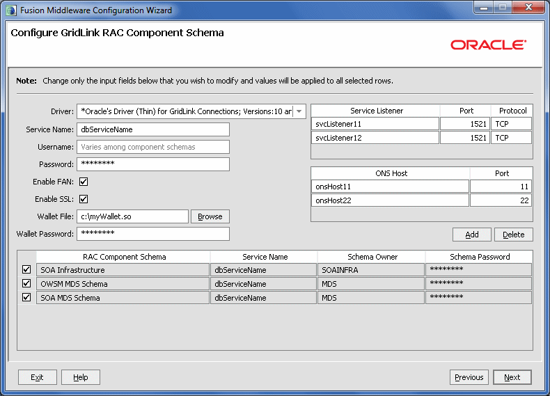 Configure GridLink RAC Component Schema screen