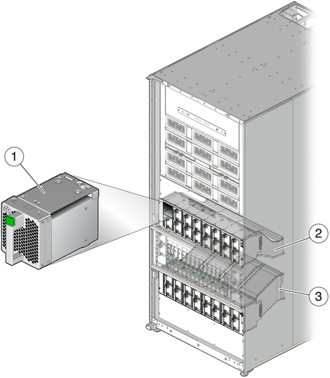 image:Figure shows the upper and lower fan cages and a typical fan module. 