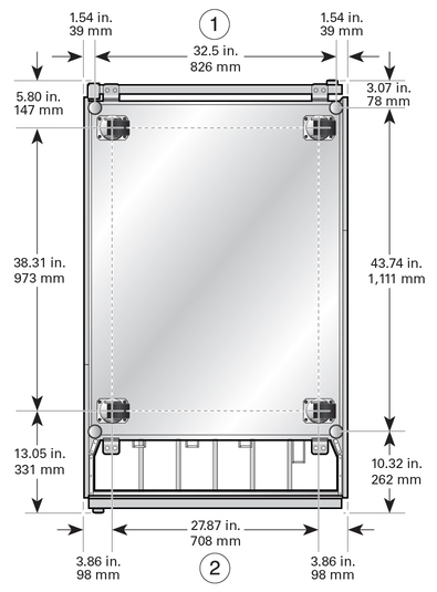 image:Figure showing the dimensions of the leveling feet and mounting brackets.