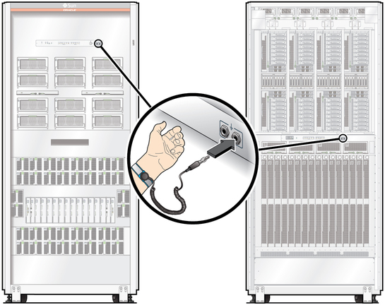 image:Figure showing the location of the two antistatic wrist strap connectors on the server.