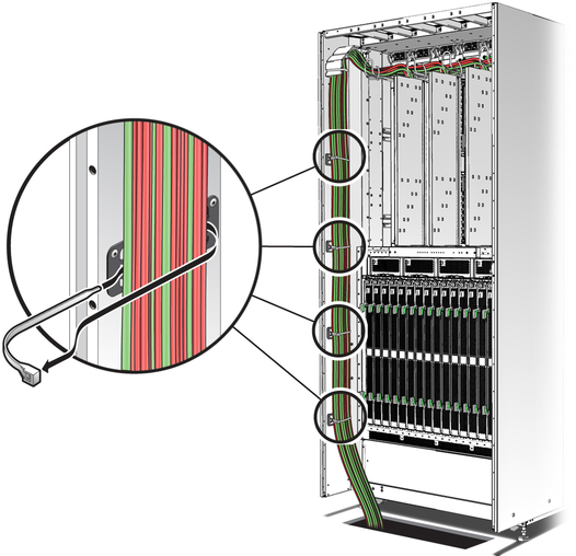 image:Figure showing how to route and secure the data cables and power cords through the top of the server.