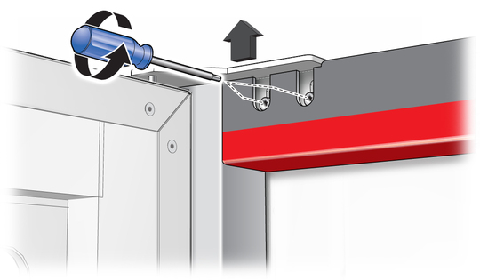 image:Figure showing how to loosen the upper door hinge screws. 