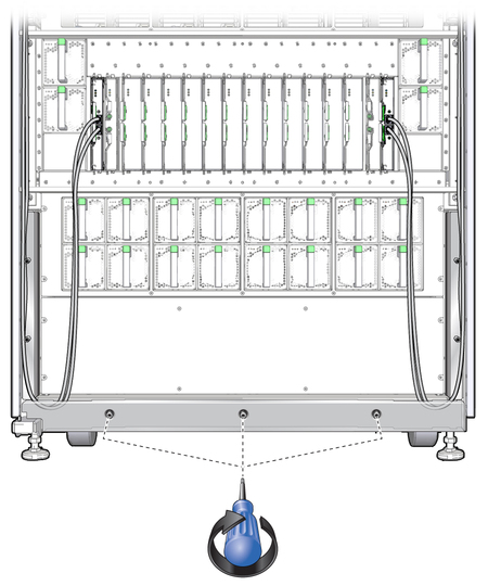 image:Figure shows three captive screws to tighten on the front of the kick plate.