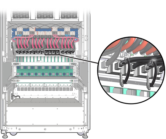 image:Unlocking the I/O data cable from the cabled lower bus bars assembly. 