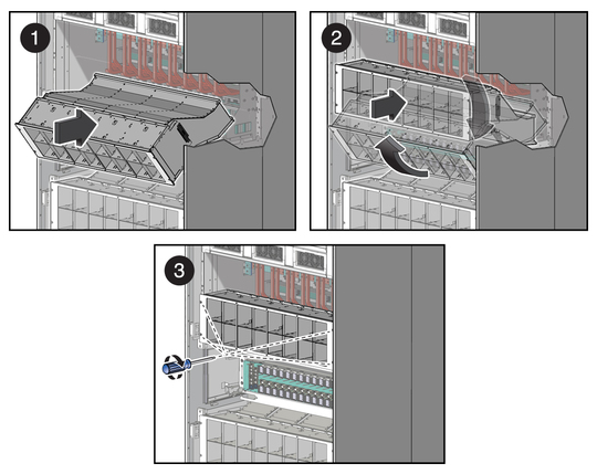 image:Figure shows insertion of the upper fan cage. 