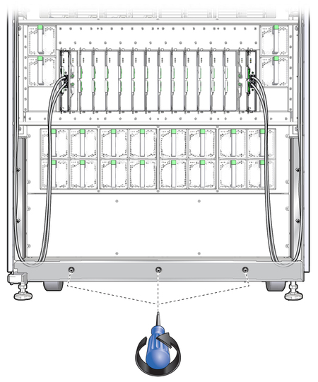 image:Figure shows three captive screws to loosen on the front of the kick plate.