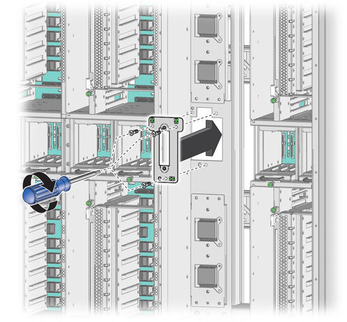 image:Figure shows how to attach the I/O power cable with three screws to the support bracket. 