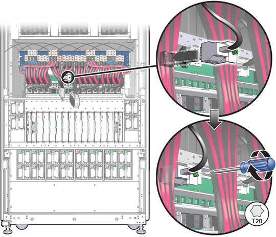 image:Figure shows that the T5 cable plugs into a socket high on the midplane. 