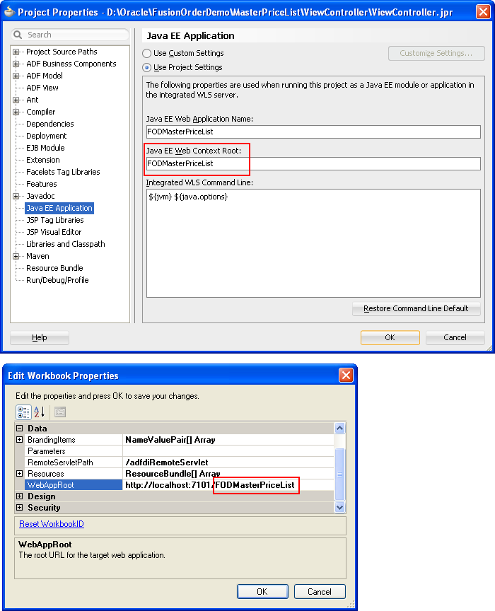 Project Properties dialog dhowing web context root
